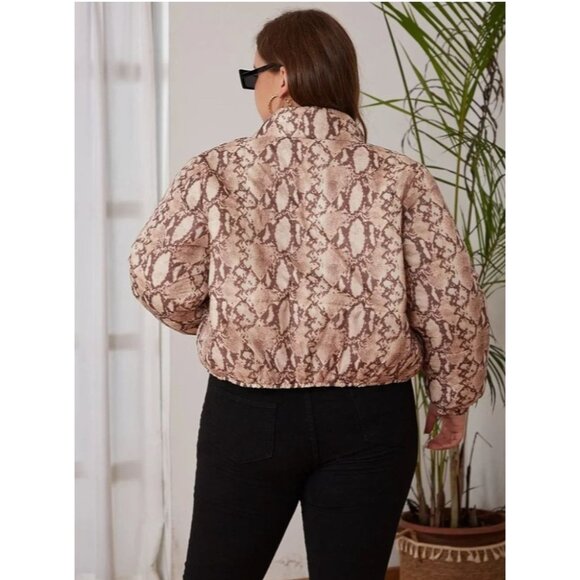 Plus Size Womens 2XL Snakeskin Cropped Print Zip Up Puffer Coat Multicolor - Picture 2 of 11